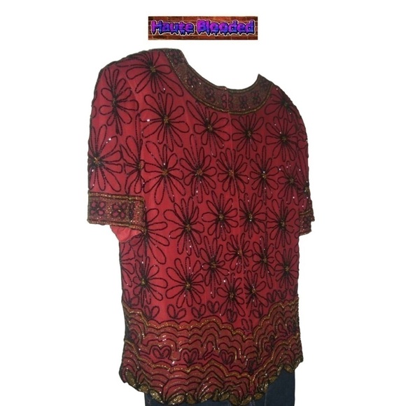 Vintage Adrianna Papell Boutique Red Silk Blouse Beaded Floral Flapper 20's VTG - Picture 5 of 11